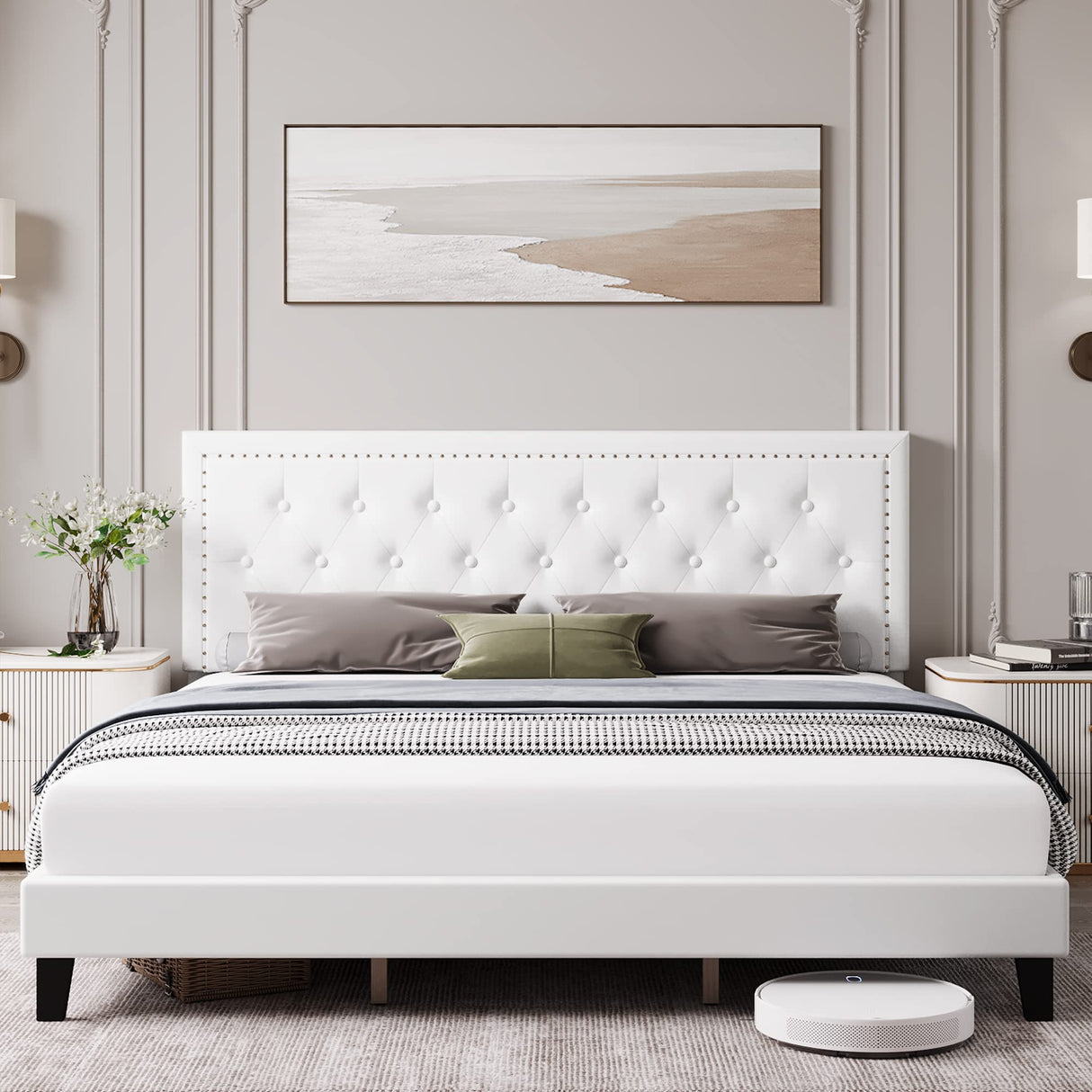 Full Size Bed Frame with Tufted Faux Leather Headboard