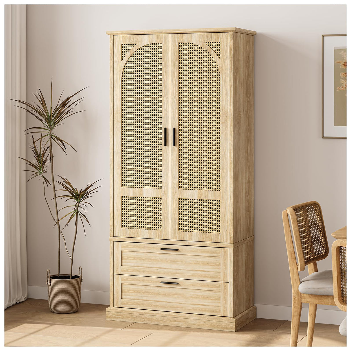 Kitchen Pantry Storage Cabinet,67" Tall,with 2 Drawers,Adjustable Shelf,Rattan Doors