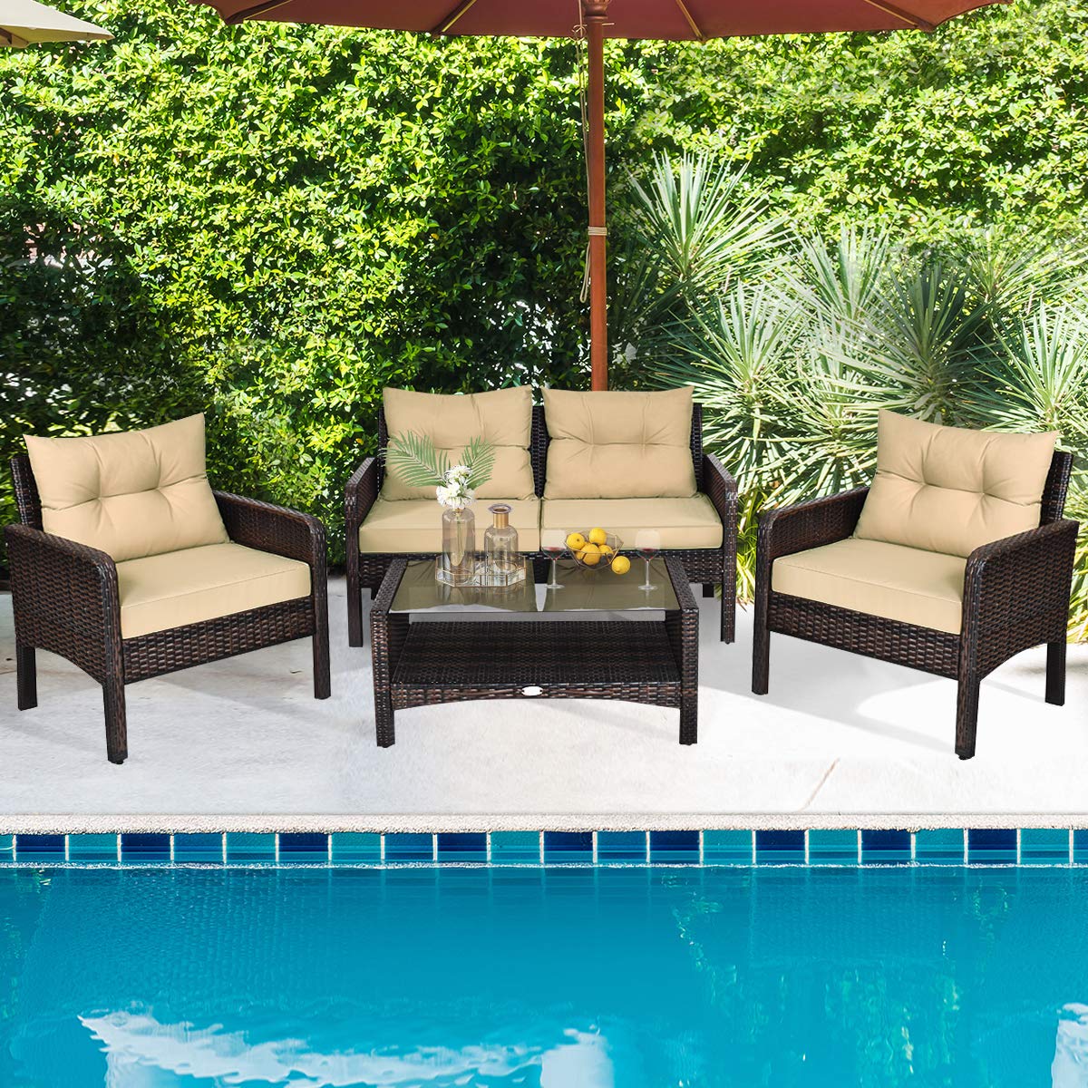 4 Pieces Rattan Patio Conversation Set, Outdoor Wicker Furniture Set with Chairs, Loveseat