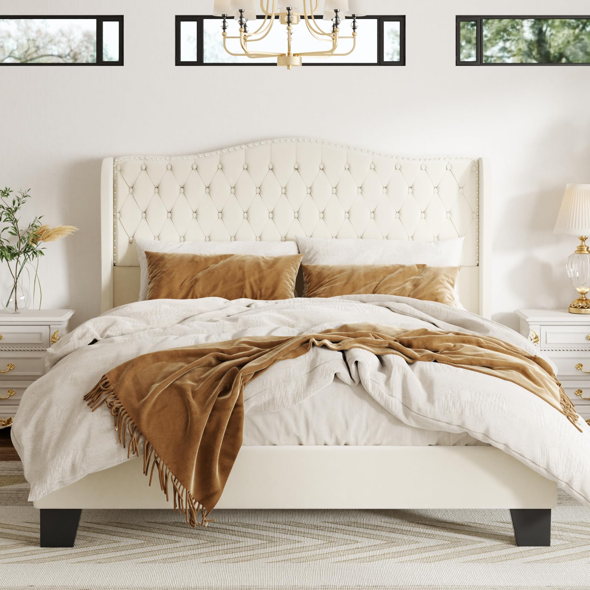 SwnftWinnt Queen Size Upholstered Bed Frame, Velvet Luxury Wingback Headback, Platform Bed with Deep Button Tufted & Nailhead Trim, No Box Spring Needed, Noise Free, Easy Assembly, Beige