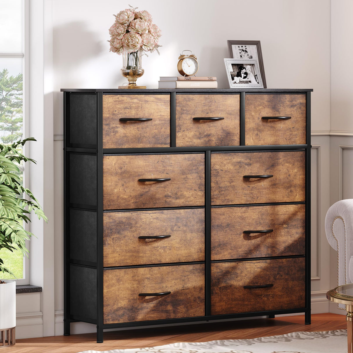 Dresser with 9 Drawers - Fabric Storage Tower
