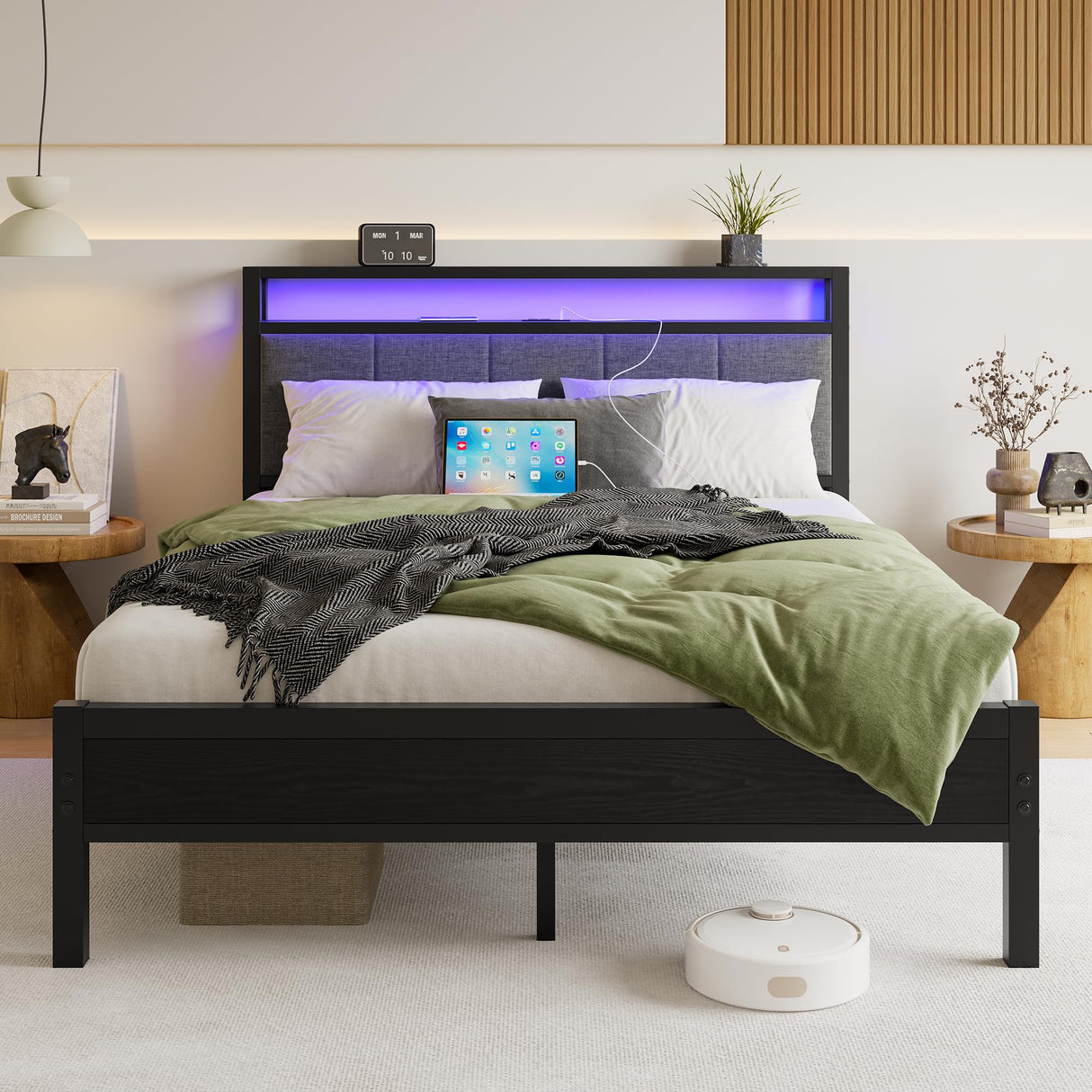 Queen Bed Frame with Headboard Storage,Upholstered Platform Bed Frame Queen Size