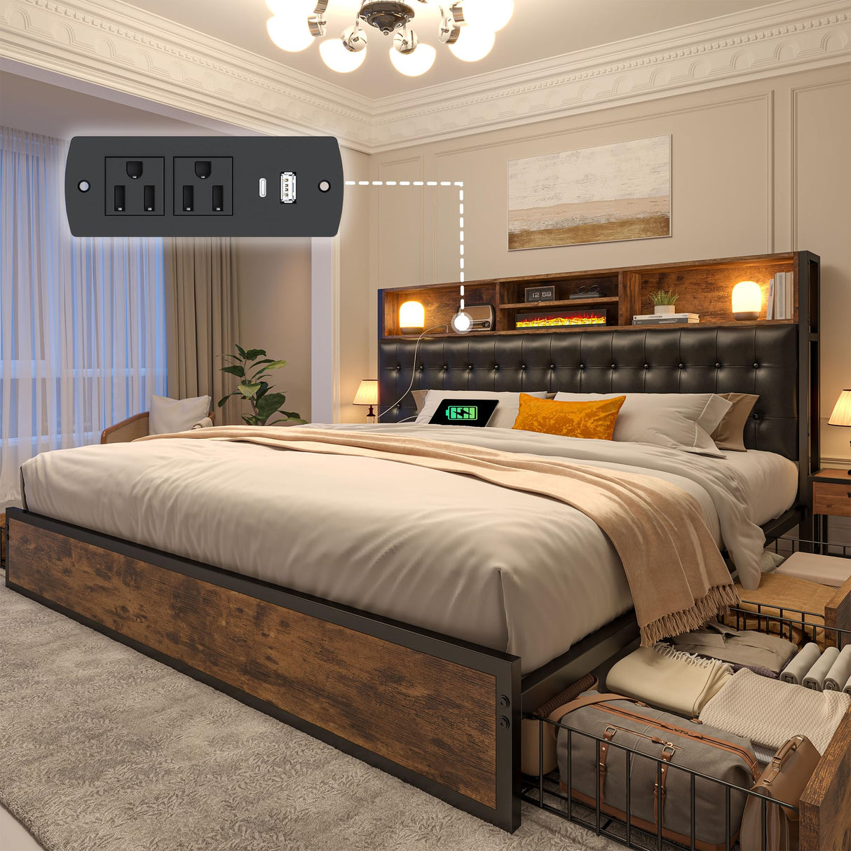 King Size Bed Frame with 4 Storage Drawers and Charging Station