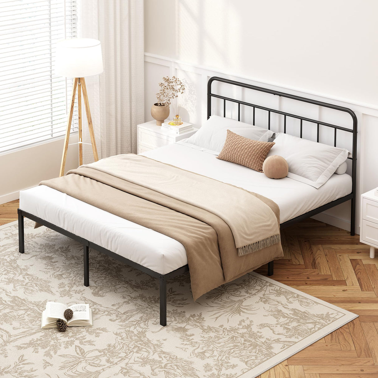 12-Inch Queen Bed Frame with Minimalist Headboard - Black Metal Platform