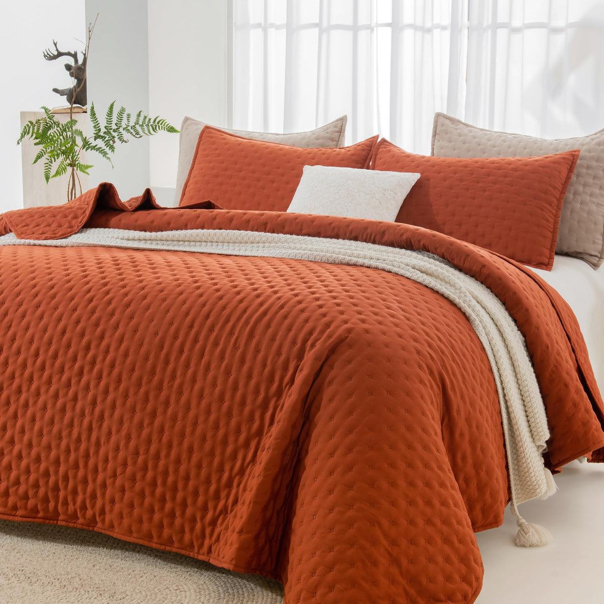 King Size Quilt Bedding Set (106x96 Inch), 3 Pieces Burnt Orange Fall Soft Lightweight