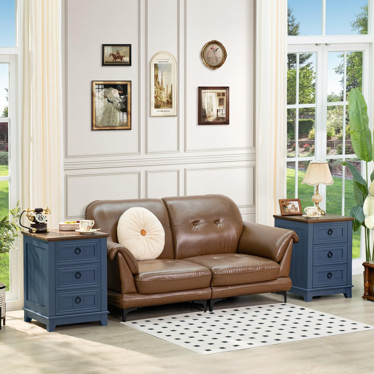 Nightstand Set of 2, Farmhouse 18 Inch End Table with 3 Drawer Metal Handle