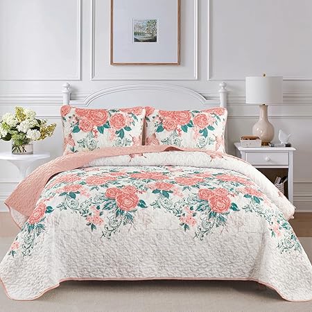 Floral Quilt Set Queen Size Elegant Purple Rose Bedding Bedspreads