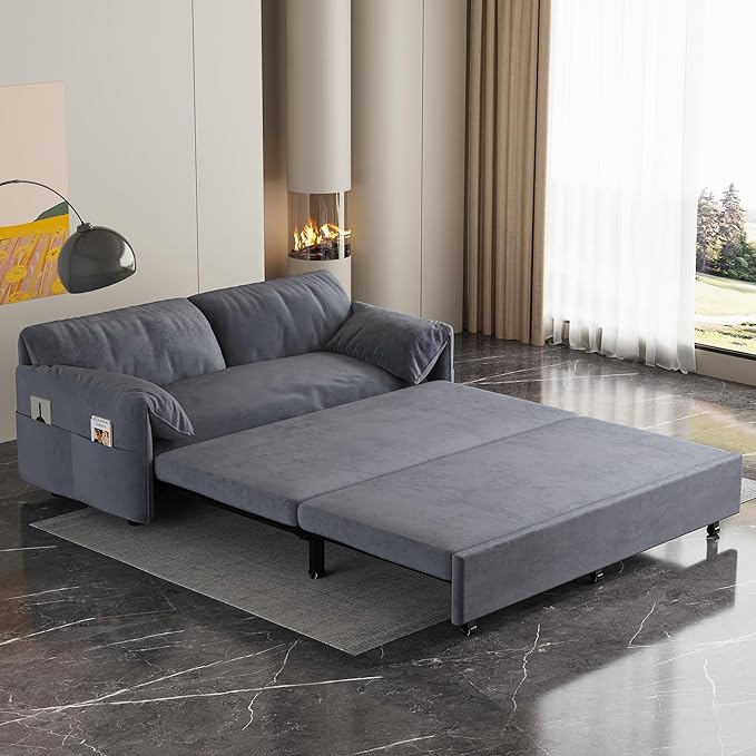 74.8” Queen Pull Out Sofa Bed, Luxury Velvet Convertible Sleeper Sofa