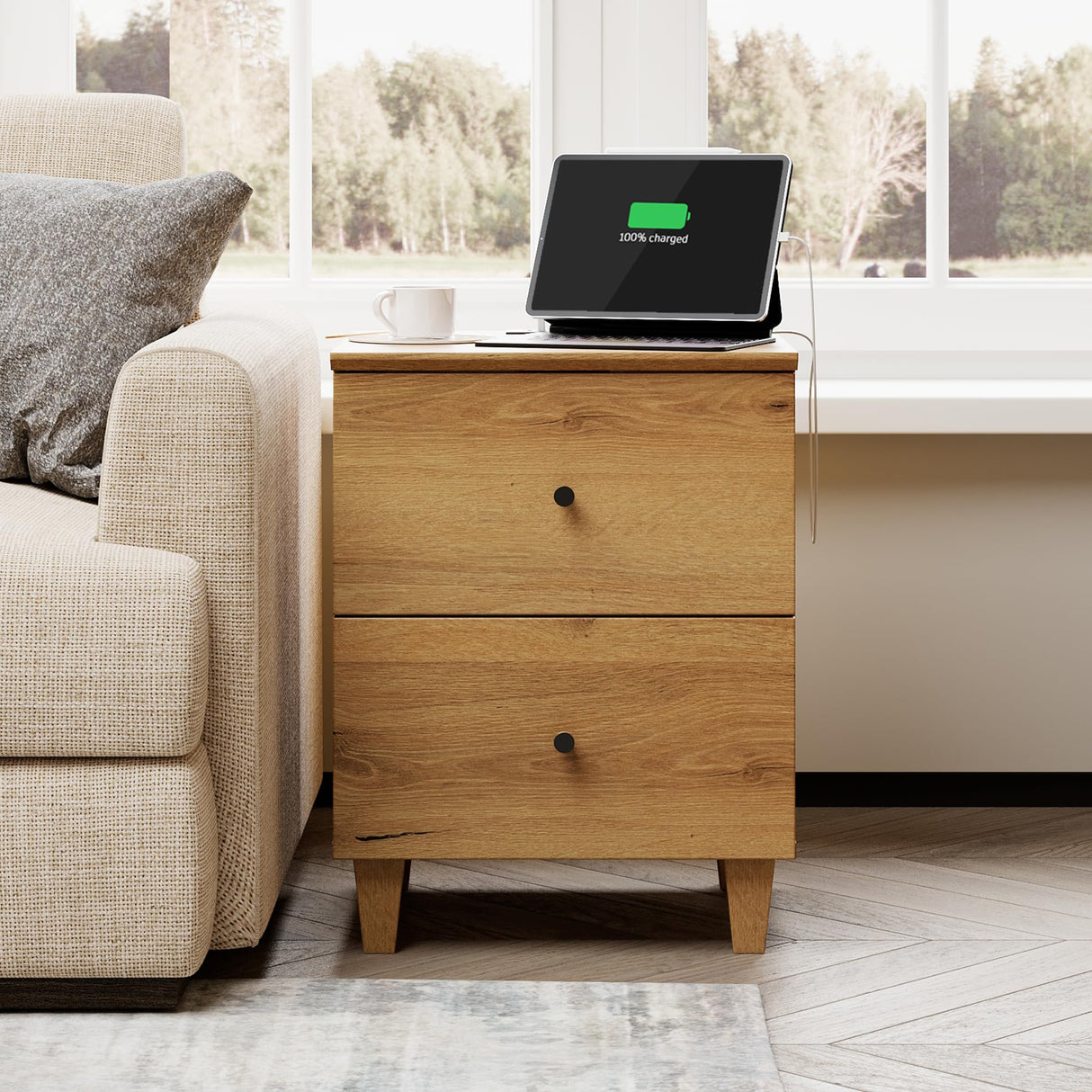 Nightstands with Charging Station&2 Drawers Storage Shelf