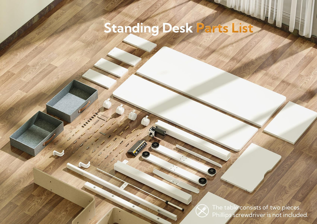 Desk with Drawers, Adjustable Height Stand up Desk with Storage Shelf, Electric Small Sit Stand Desk with Splice Board, 48 Inch, White