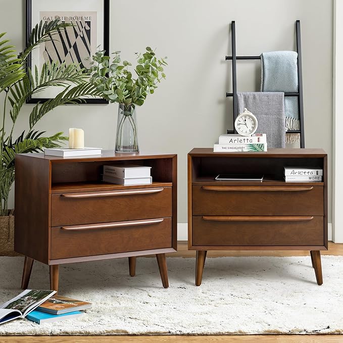 Nightstand with Charging Station, Mid-Century Modern 2 Drawer and Open Shelf Dresser