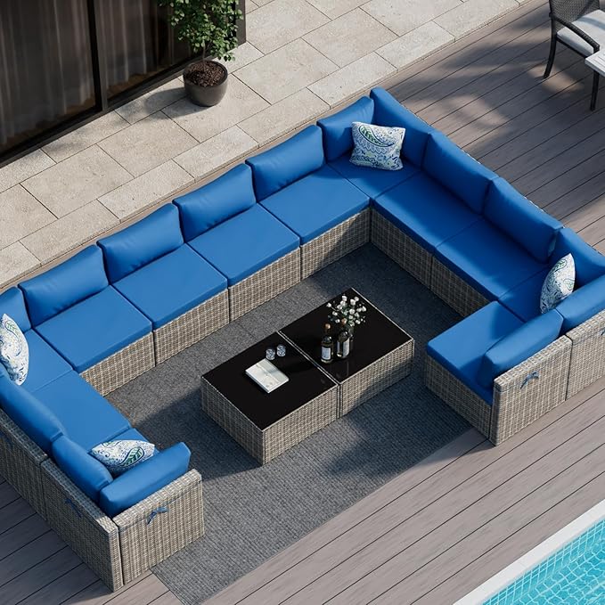 7-Piece Patio Furniture Set, Brown PE Rattan Sectional Sofa with Water-Resistant Gray Cushions