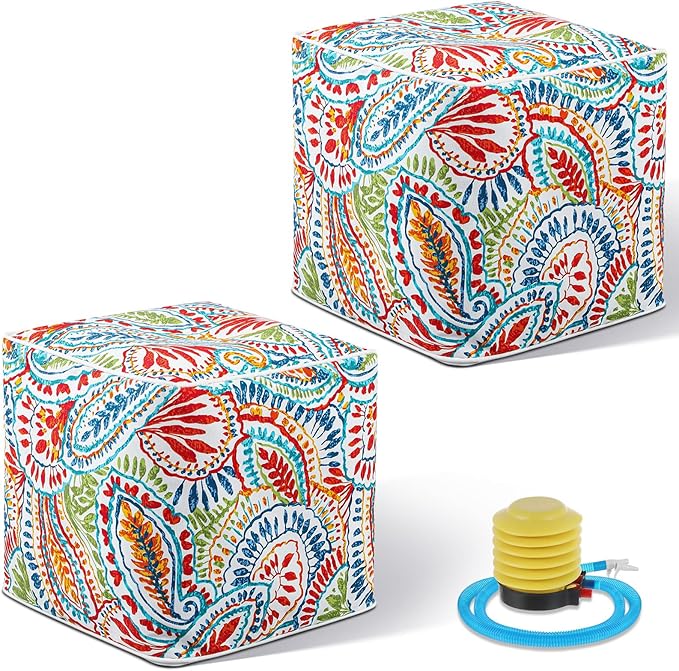 2 Pack Ottoman Poufs Indoor Outdoor Inflatable Ottoman Stool Cube Pouffe Square