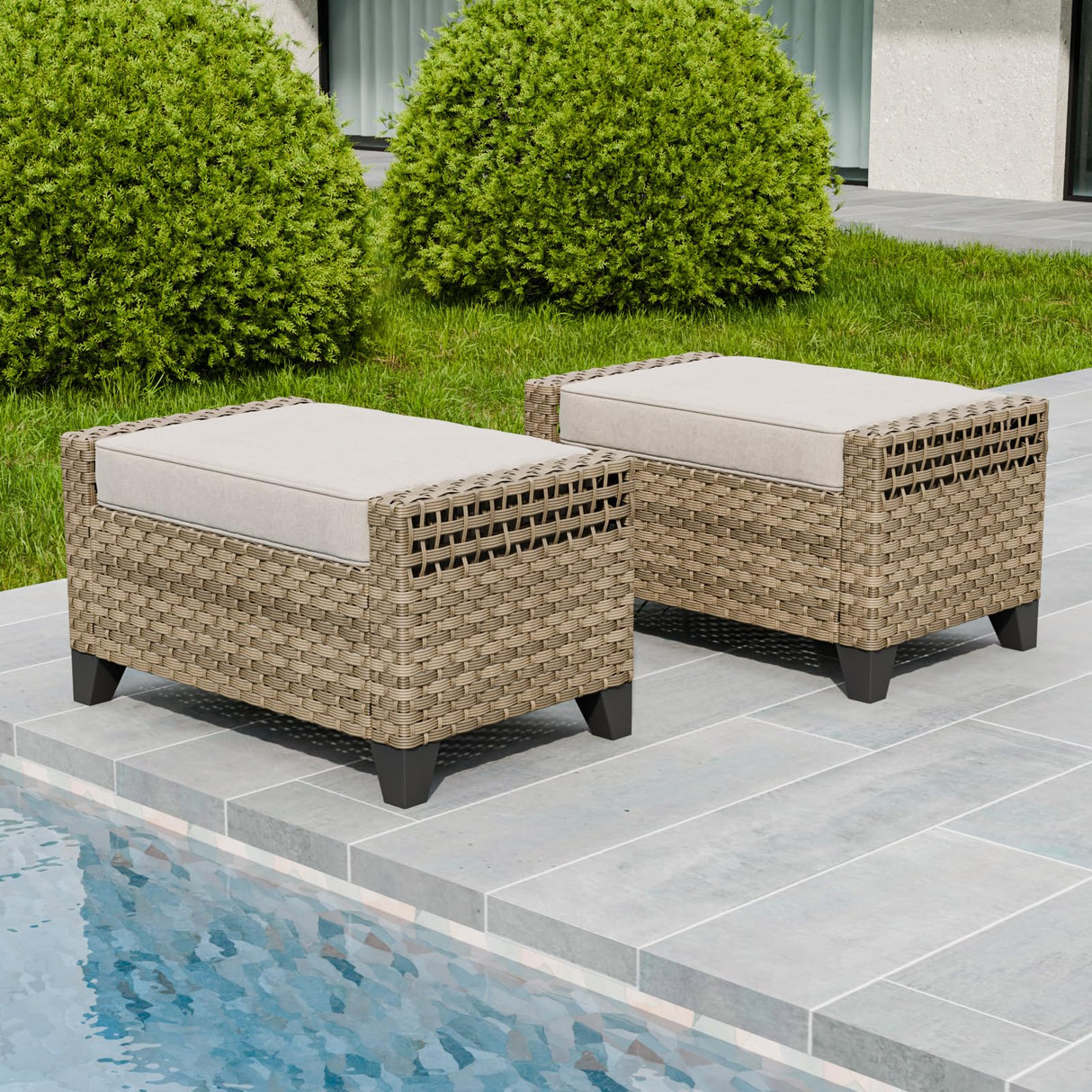 2 Piece Wicker Outdoor Ottoman, Patio Ottoman Foot Rest for Couch