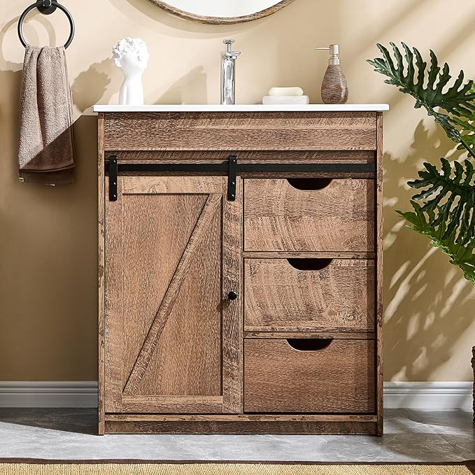 30" Farmhouse Bathroom Vanity with Sink, 33.7" Tall Bathroom Vanity w/Sliding Barn Door
