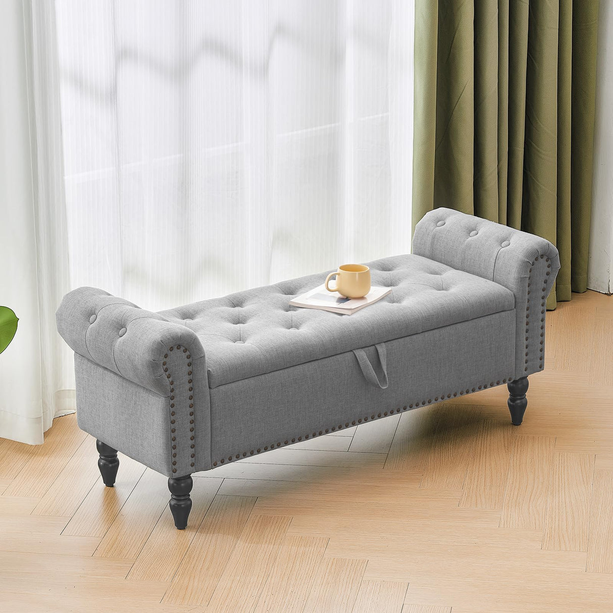 Storage Ottoman Bench for Queen Size Bed, Faux Linen Upholstered Storage Bench