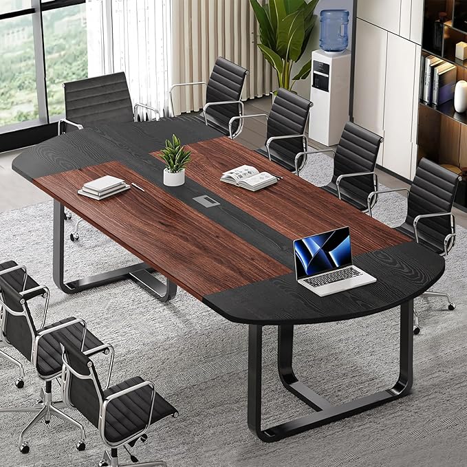 Conference Table for 10 People, Large Boat Shaped Meeting Table with Cable Grommet