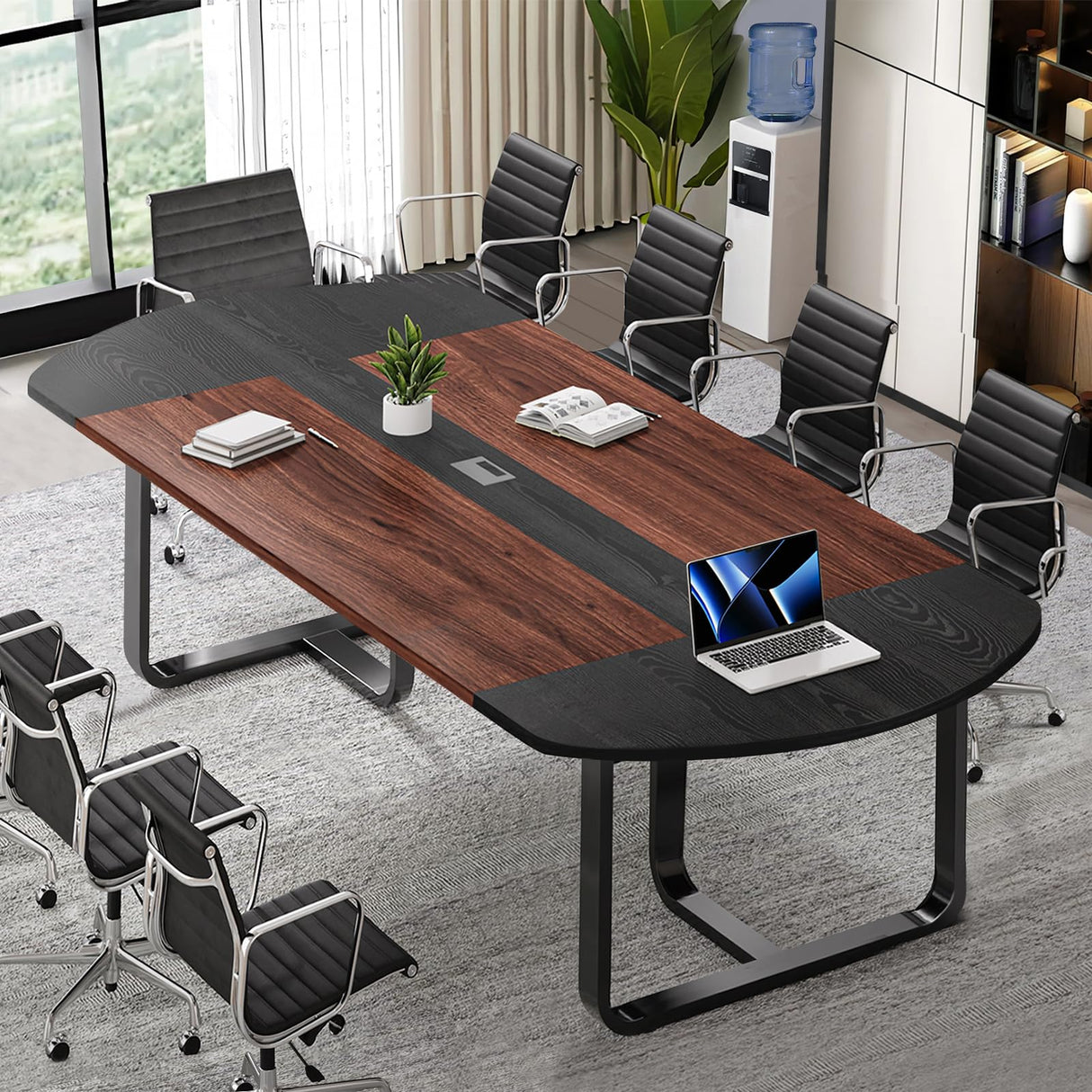 Conference Table for 10 People, Large Boat Shaped Meeting Table with Cable Grommet
