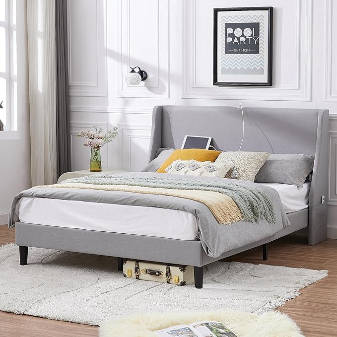 Queen Bed Frame with Upholstered Wingback Headboard