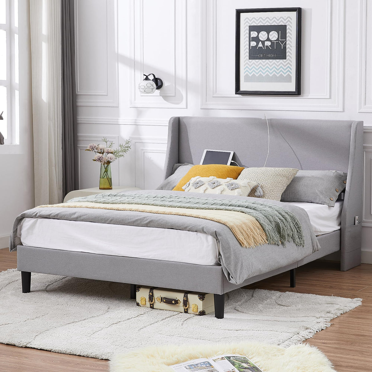 Queen Bed Frame with Upholstered Wingback Headboard