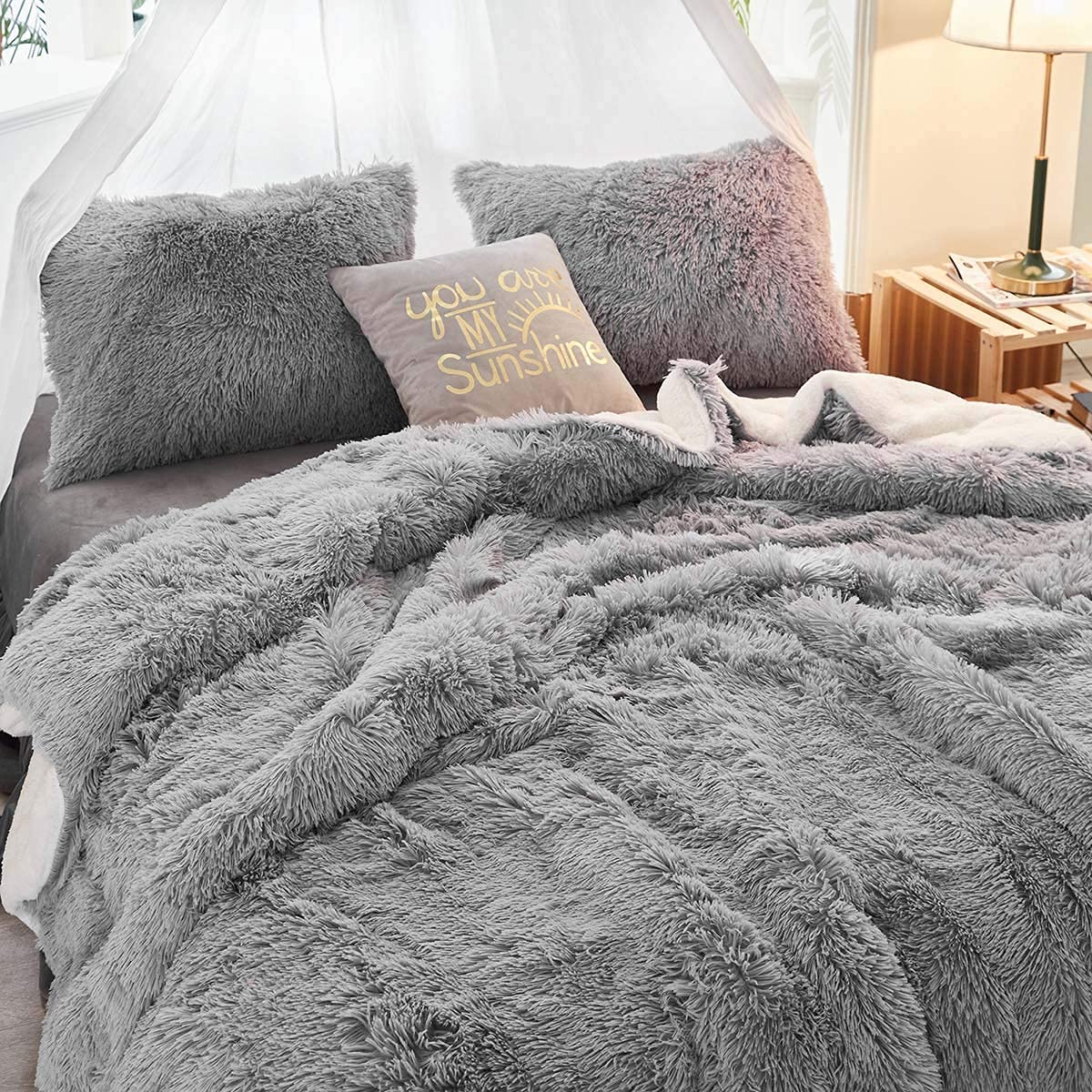 Gray Faux Fur Comforter Set Full/Queen 3 Pieces - 1 Shaggy Comforter 90x90 and