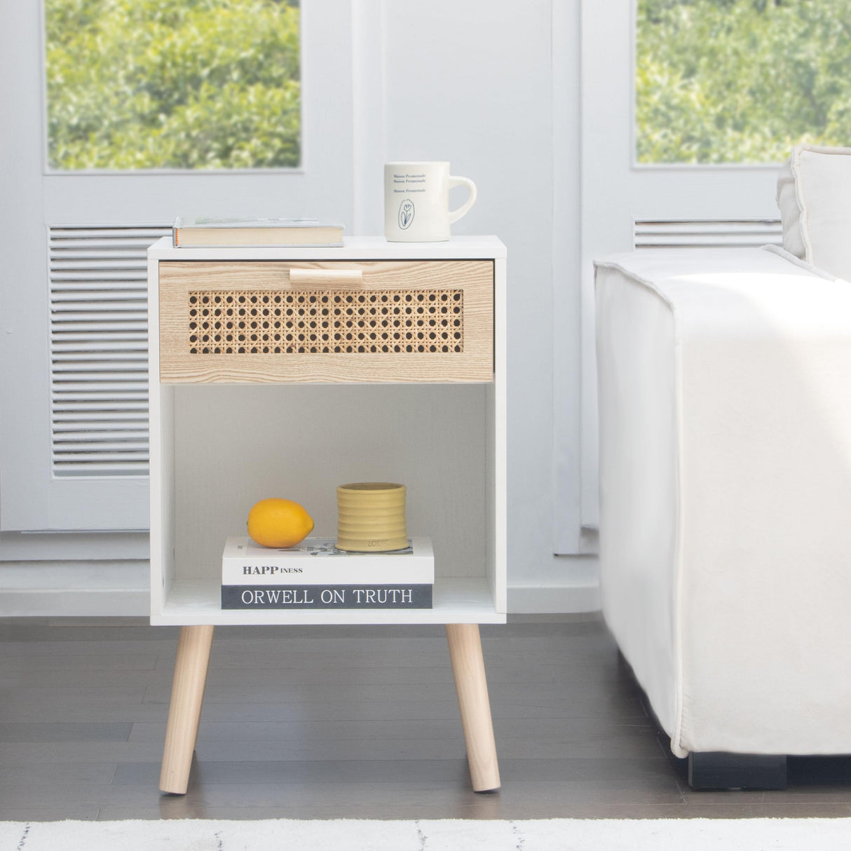 White Rattan Nightstand, Modern Nightstand with Rattan Drawer