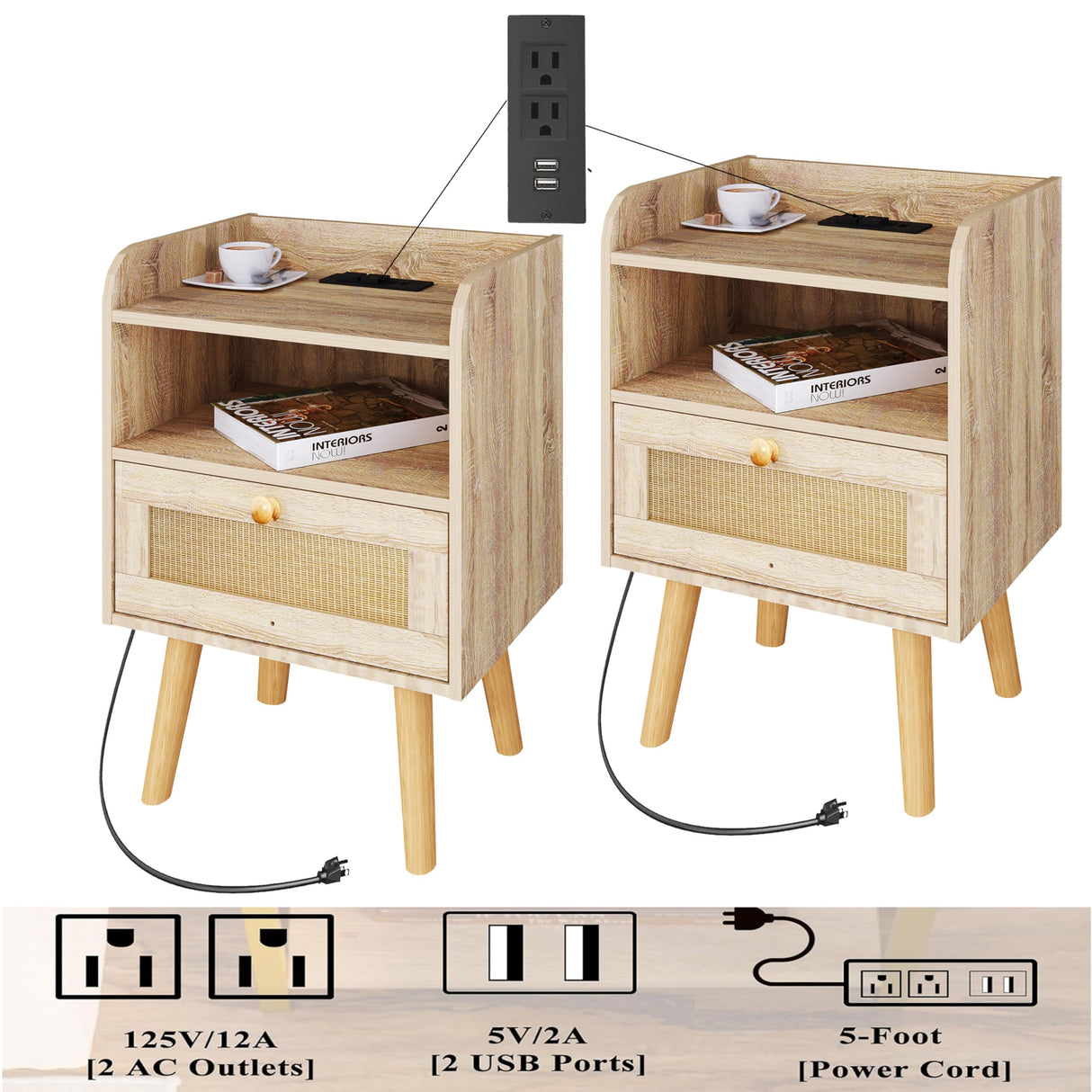 Nightstand Set of 2,Wood Nightstand with Charging Station