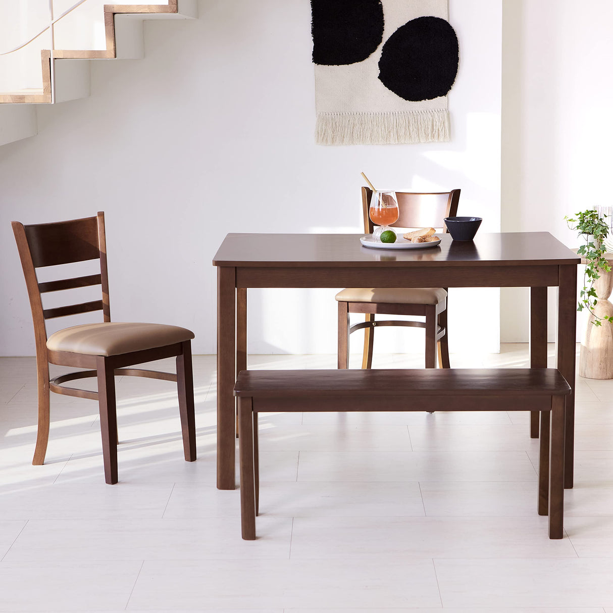 Cabin 37.4" Wooden Dining Bench/Small Modern Farmhouse Malaysian Oak Wood Bench (Walnut)