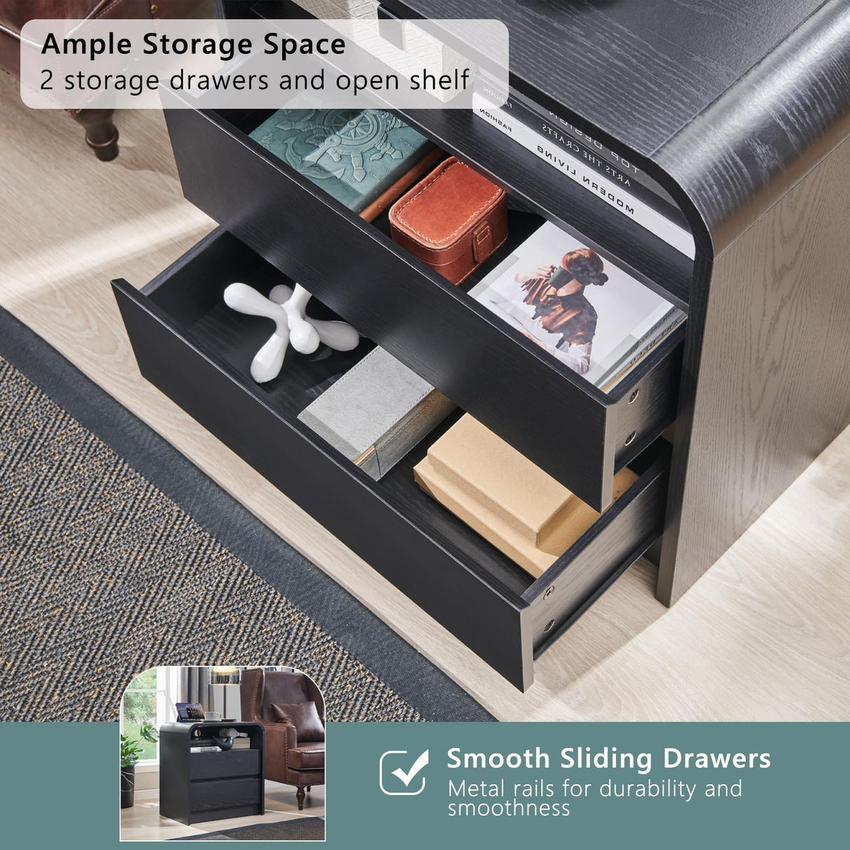 Aitjunz 25" Modern Nightstand with Charging Station & Storage Drawers