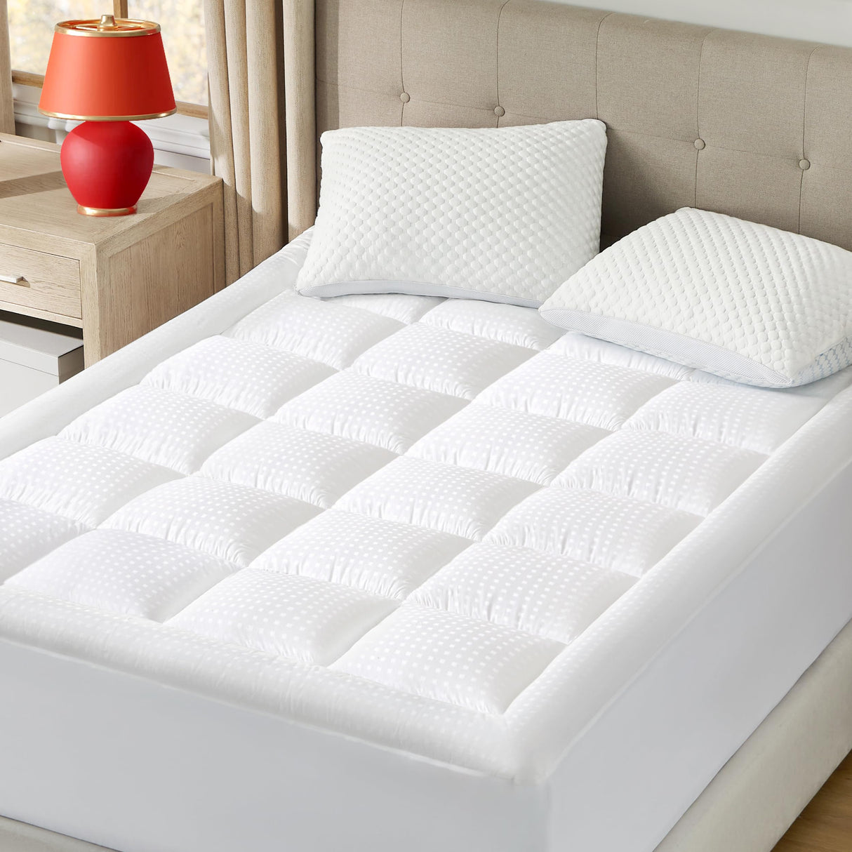 Mattress Pad Full Size - Breathable Cotton Mattress Topper, Quilted Fitted Mattress Cover with Deep Pocket Fits 8-21 Inch Mattress, Soft Double Fluffy Pillow Top, White