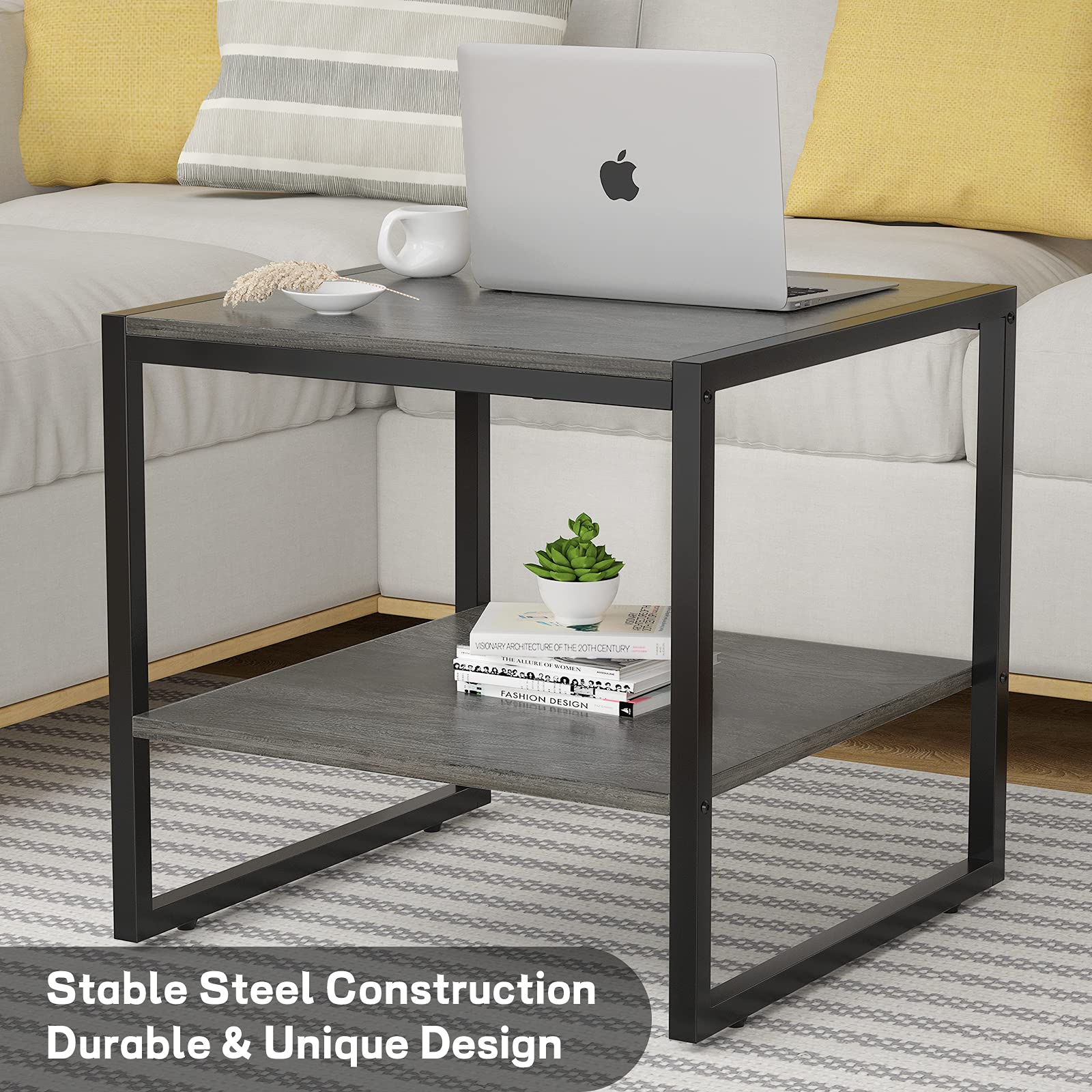 End Table, 20 Inch Square Side Table Modern Night Stand with 2-Tier Storage Shelf