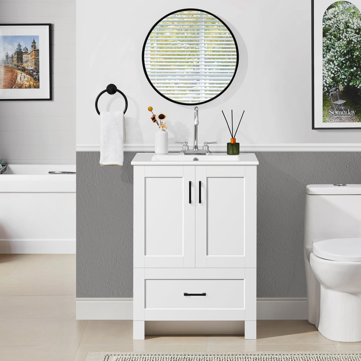 24.5" Modern Bathroom Vanity with Ceramic Basin, Undermount Bathroom Vanity Sink Cabinet