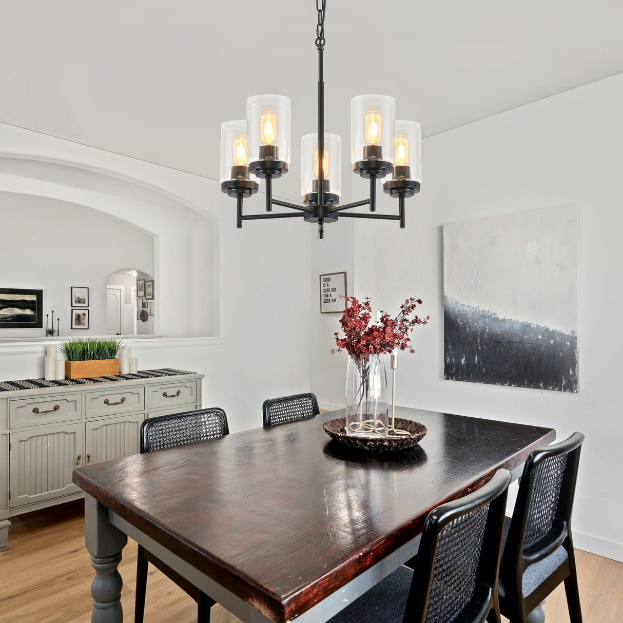 YUEMZS 5-Light Farmhouse Glass Chandelier, Modern Black Chandelier for Living Room Light Fixture, Industrial Chandeliers for Kitchen, Dining Room, Foyer, Entryway