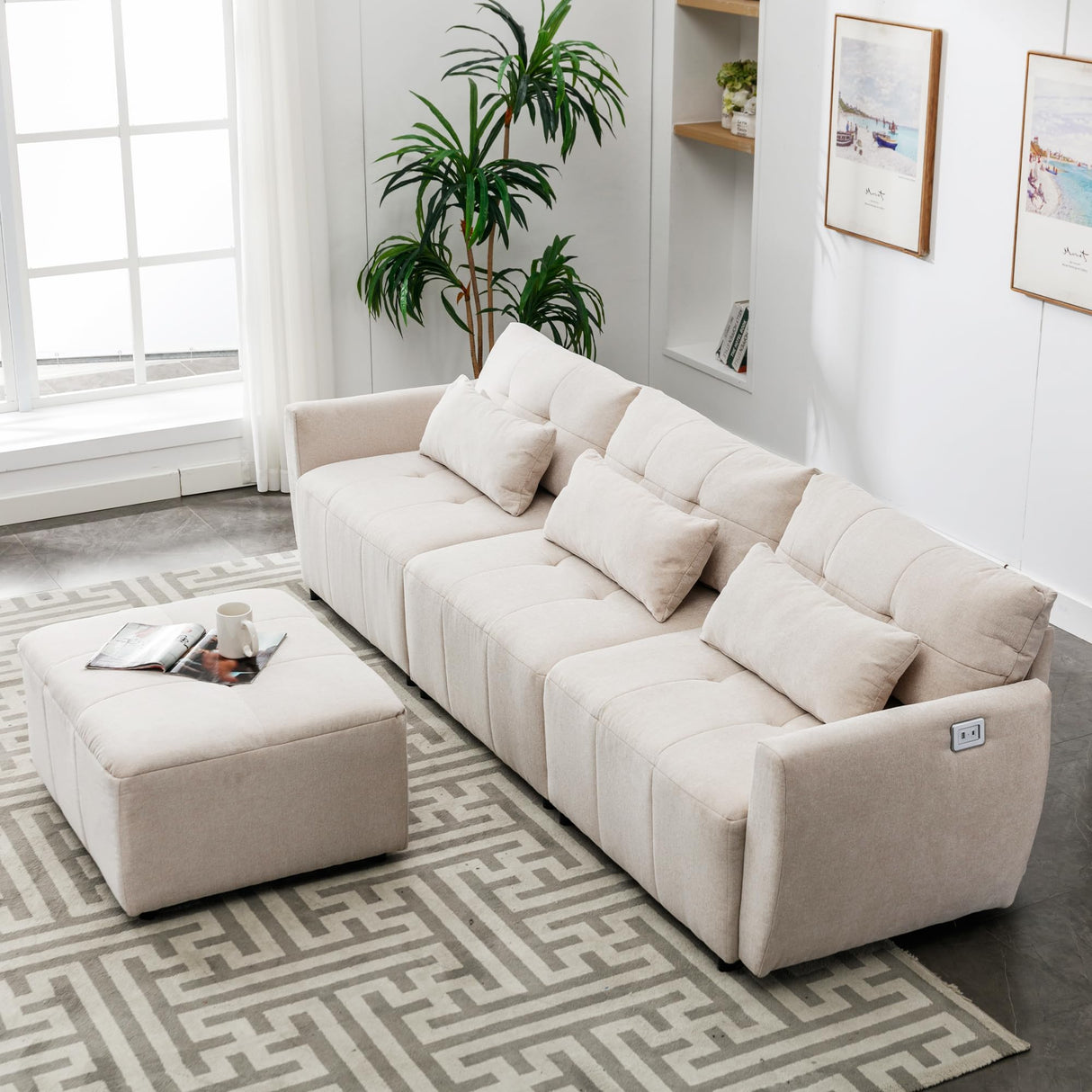 Modular Sectional Sofa with Movable Ottoman and USB Ports