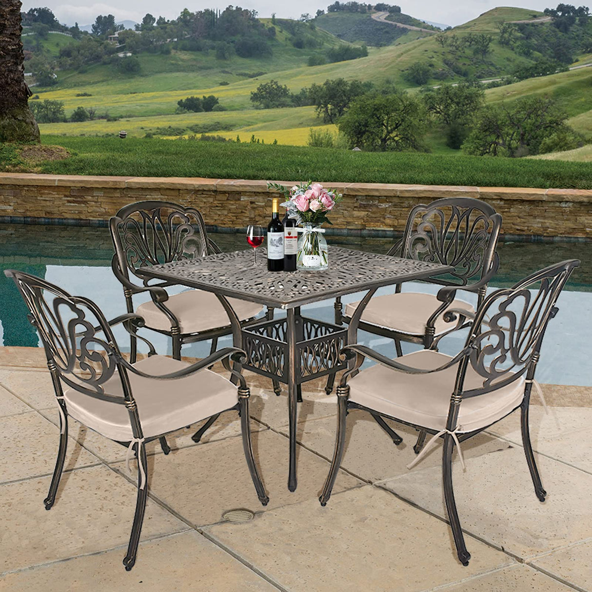 5-Piece Cast Aluminum Outdoor Patio Dining Set, 4 Pattern Chairs and 35.4" Square Table