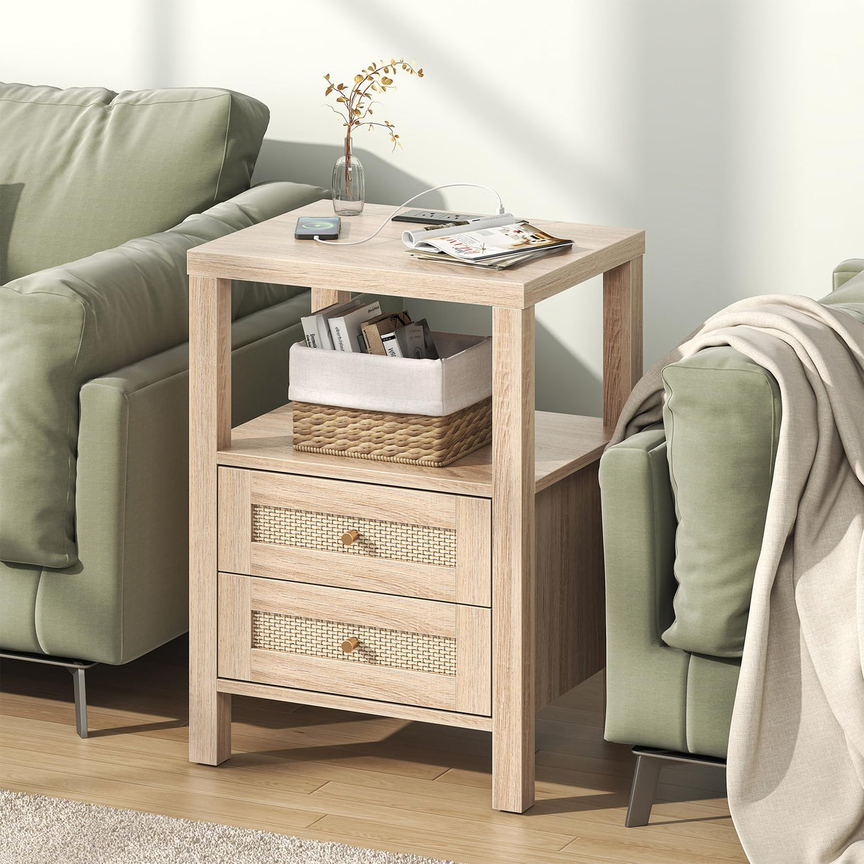 Rattan Nightstands Set of 2 with Charging Station, Farmhouse End Tables with 2 Drawers