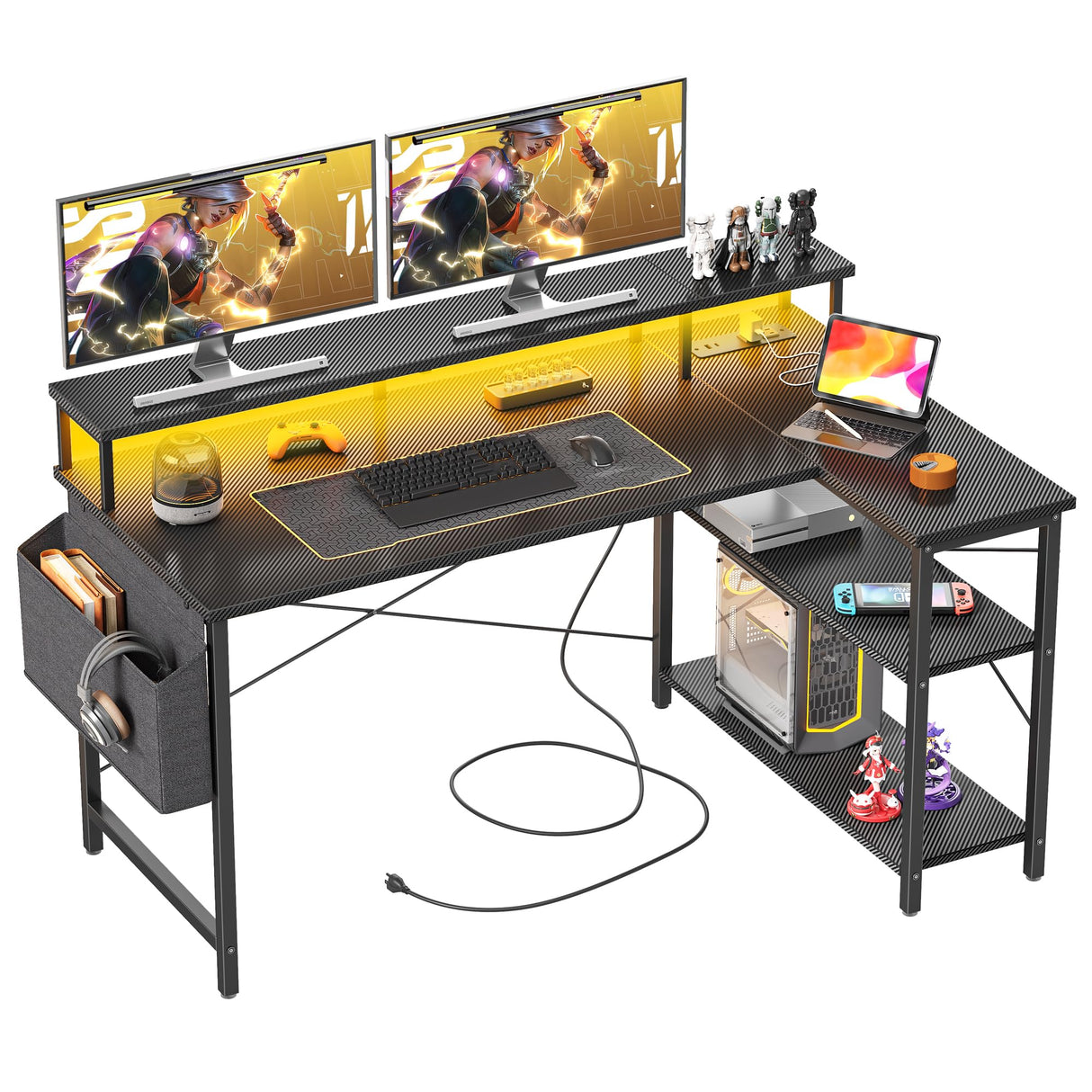 Gaming Desk with Power Outlets and LED Lights, 47 Inch L Shaped Computer Desk