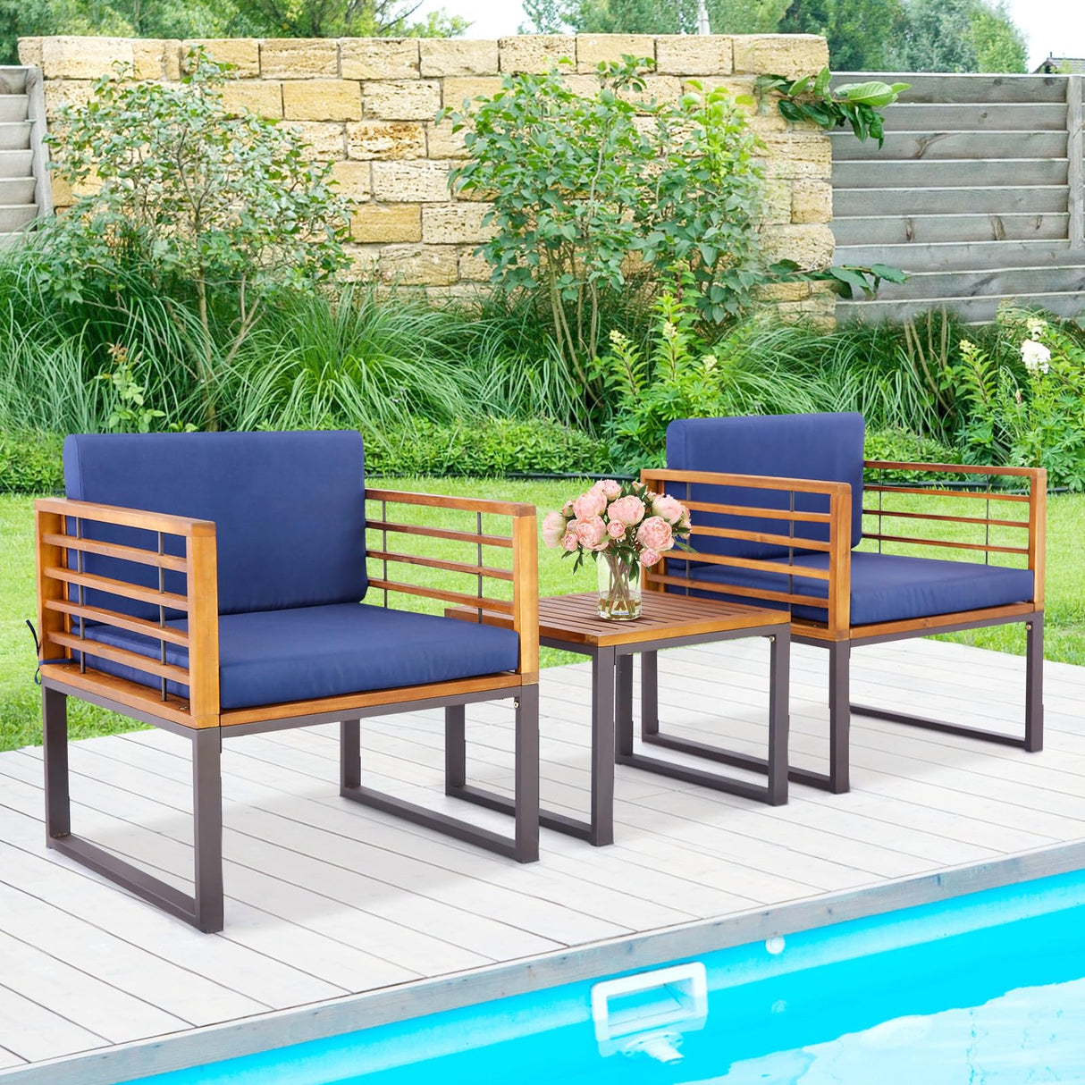 3 Pieces Acacia Wood Patio Bistro Set, Outdoor Conversation Set