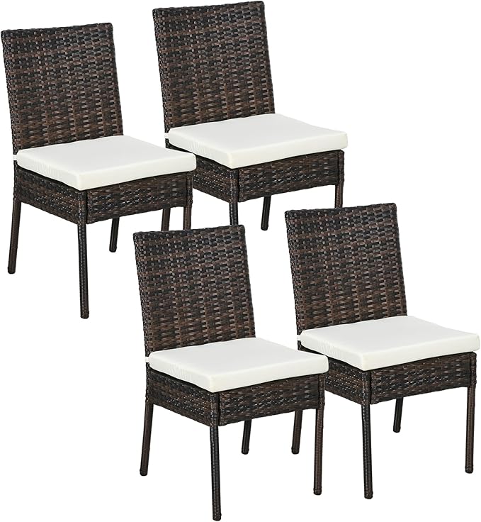 4 PE Rattan Outdoor Dining Chairs with Cushions, Patio Wicker Dining Chairs