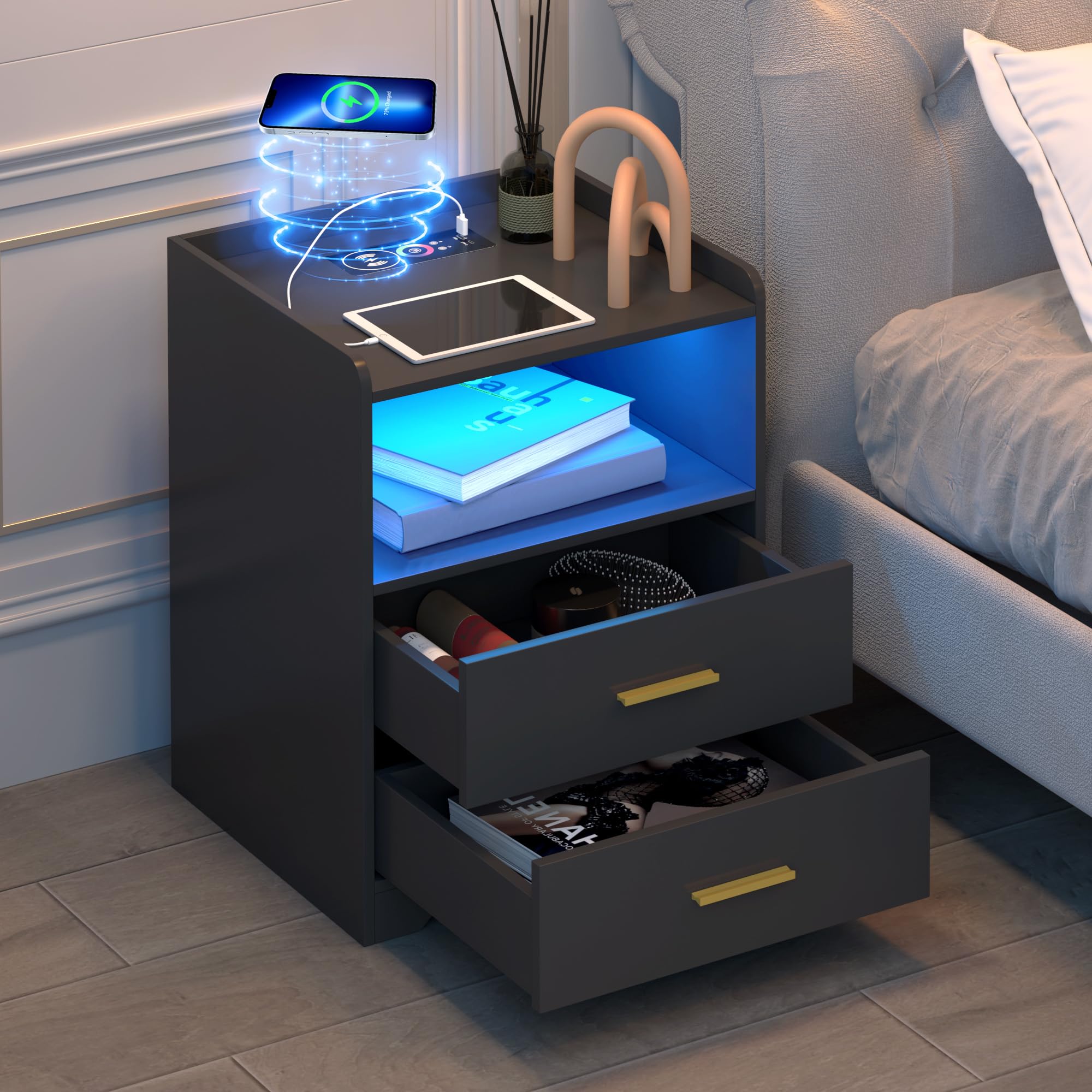 Black LED Nightstand with Charging Station, Night Stands with 24-color RGB LED Lights