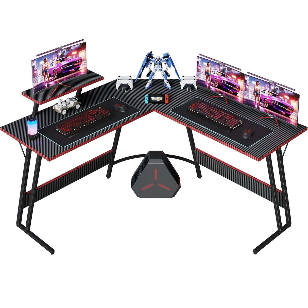 L Shaped Gaming Desk, 51 Inch Computer Corner Table with Large Monitor Stand & Carbon