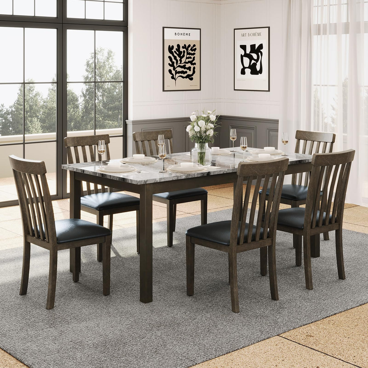 7-Piece Dining Table Set for 6, Faux Marble Modern Dining Table Set with 6 Upholstered