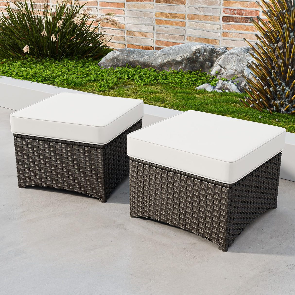 Stone Harbor Outdoor Wicker Ottomans, Small Patio Ottoman Set of 2, Square Rattan