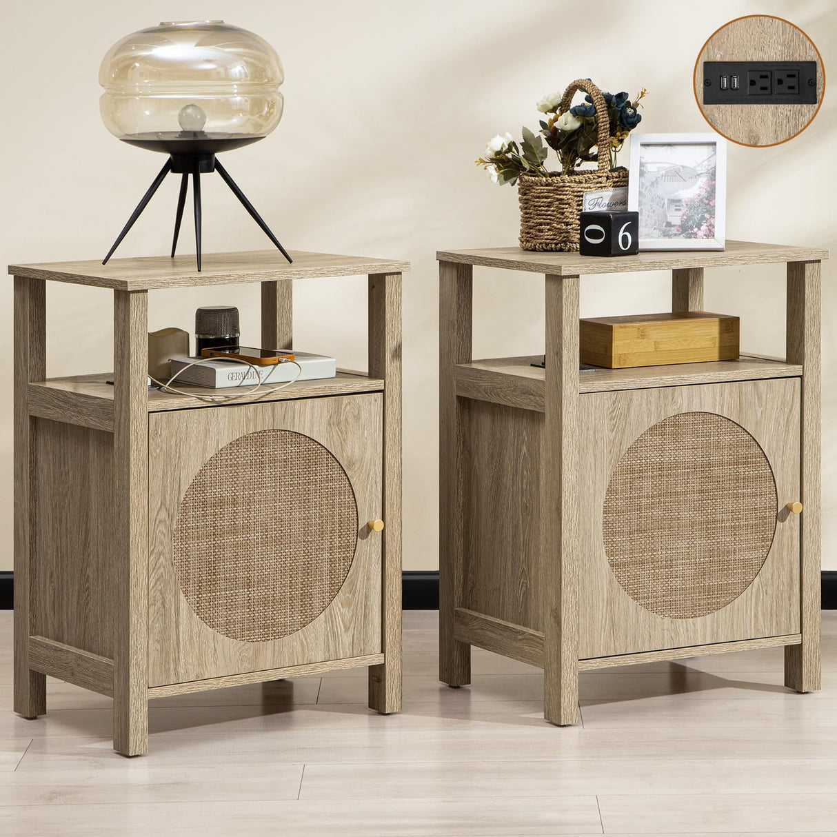 Rattan Nightstand Set of 2, Boho Tall Night Stand