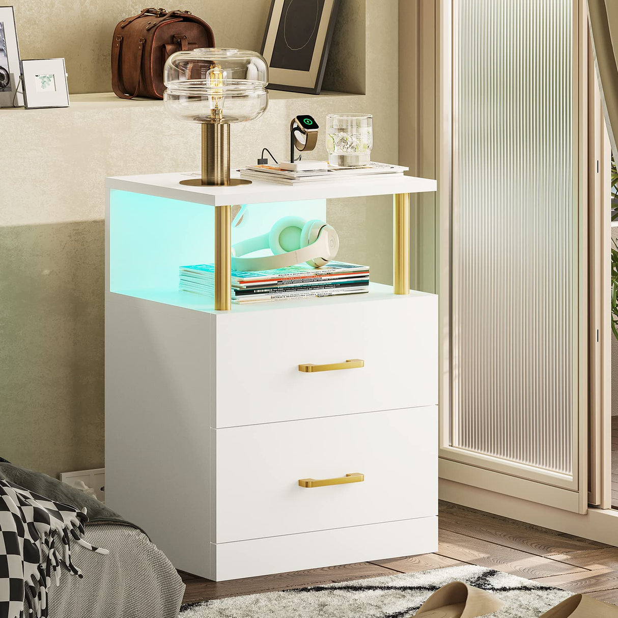 Night Stand with Charging Station and USB Ports, White Night Stand with 2 Drawers