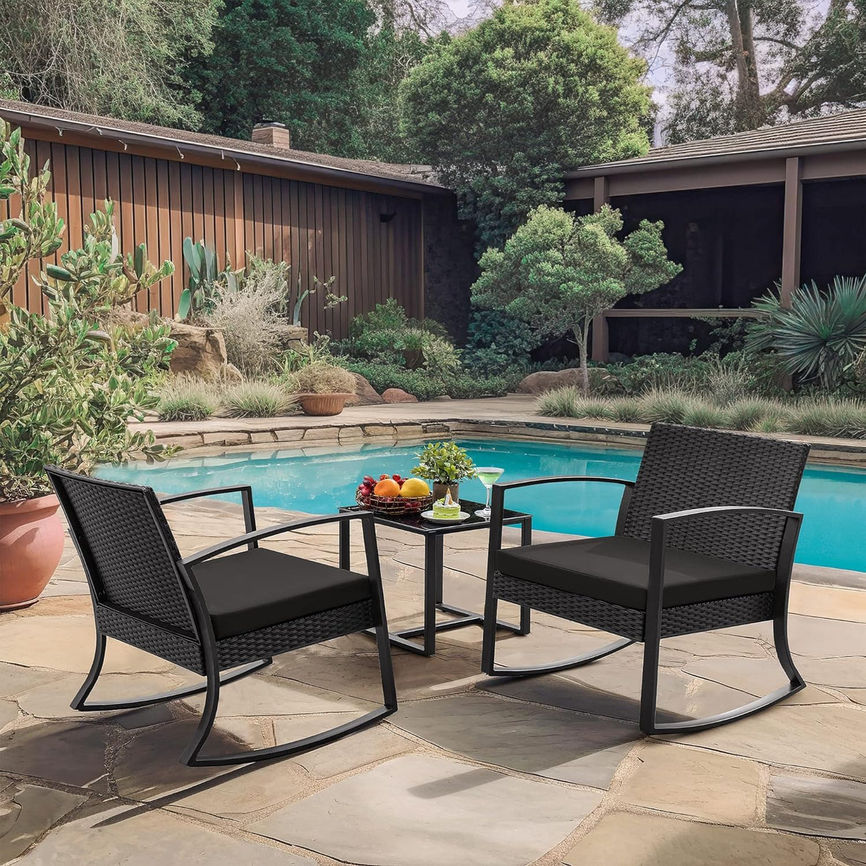 Patio Furniture Set 3 Piece Resin Outdoor Bistro Set Rocking Patio Chairs with Cushions