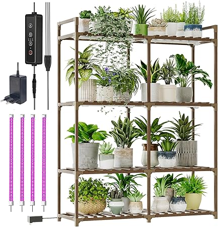 Bamworld Indoor Plant Stand with Fairy Lights – 10 Pot Wooden Shelf