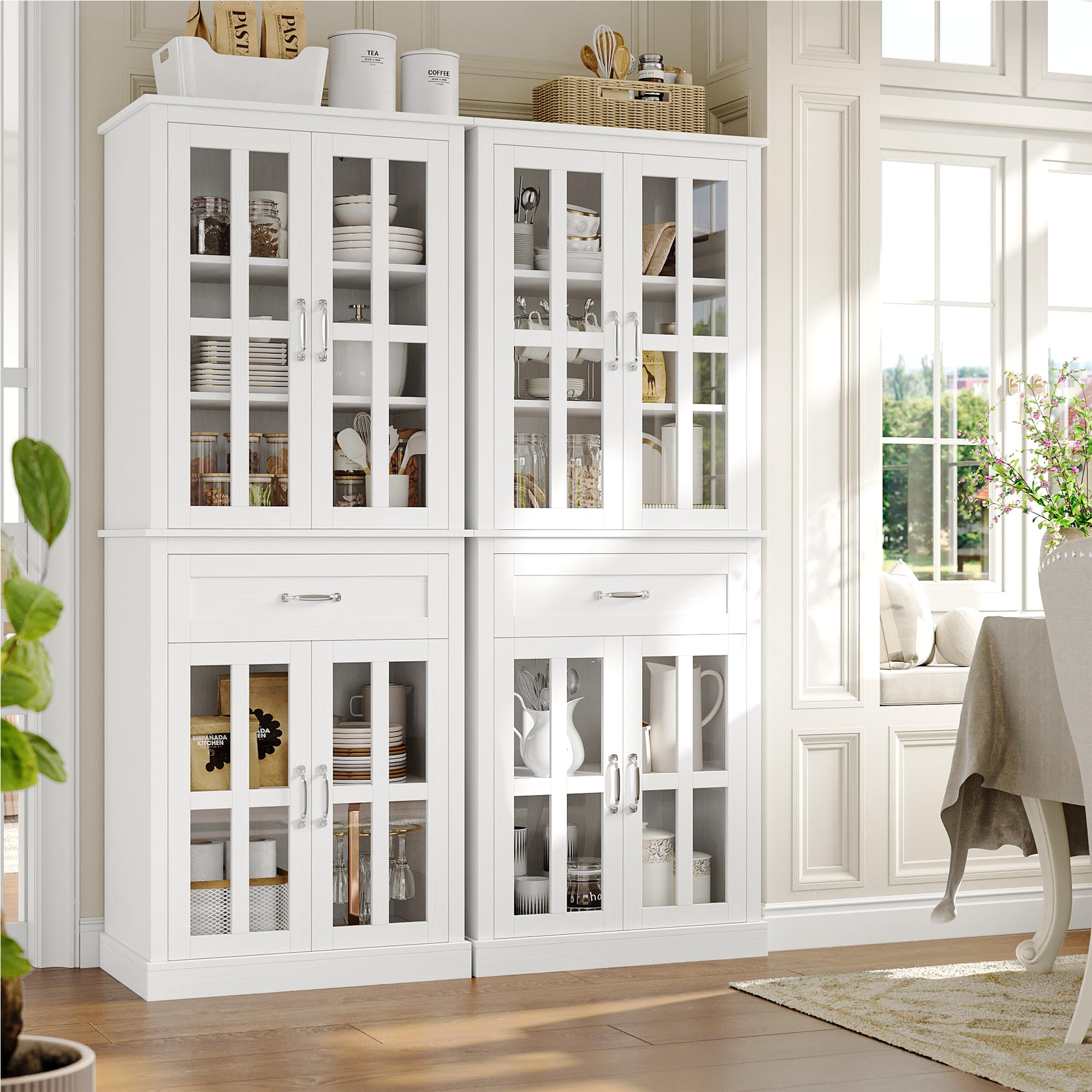 71'' Kitchen Pantry Cabinet, Tall Kitchen Cabinet Pantry Cabinet with Glass Doors