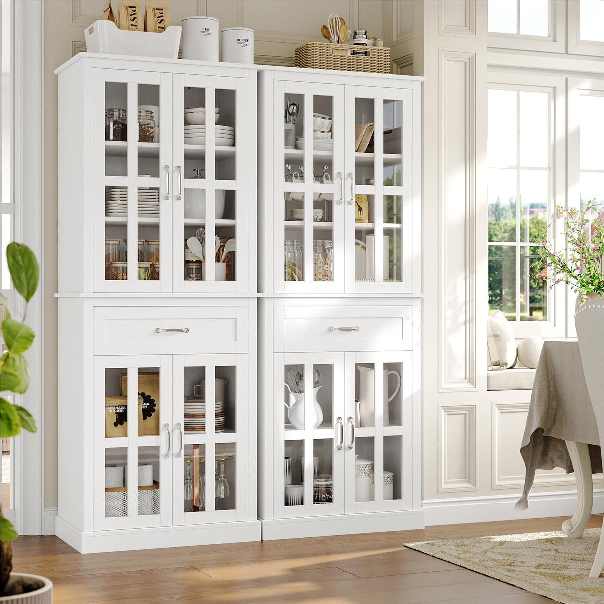 71'' Kitchen Pantry Cabinet, Tall Kitchen Cabinet Pantry Cabinet with Glass Doors