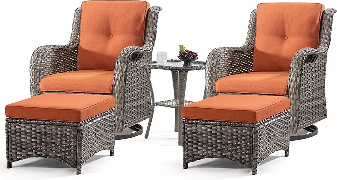 5 Piece Outdoor Patio Furniture Set Wicker Conversation Bistro Set Swivel Rocking Chairs with Side Table and Ottomans for Backyard, Porch, Deck(Mixed Grey/Orange)